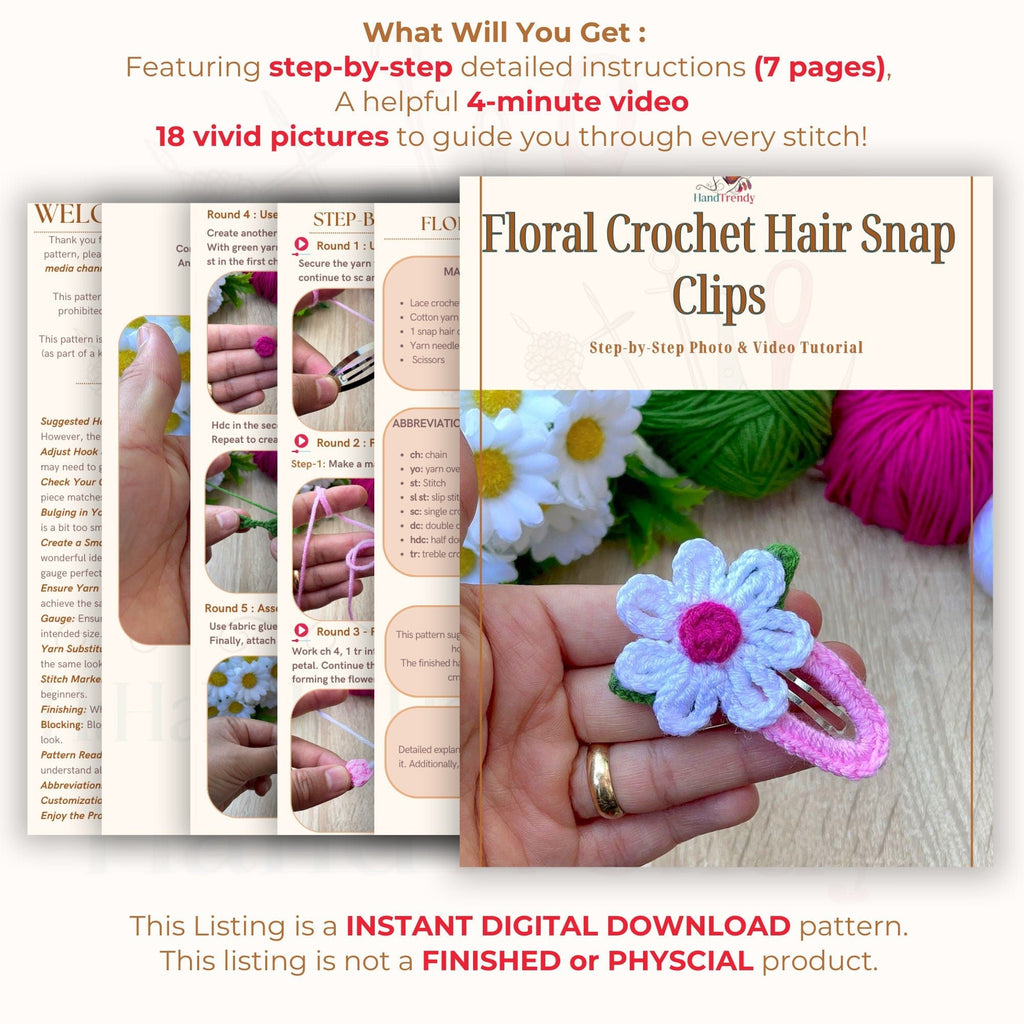 Floral Crochet Hair Clips Pattern PDF - Baby Hair Barrettes Pattern - Hand Trendy