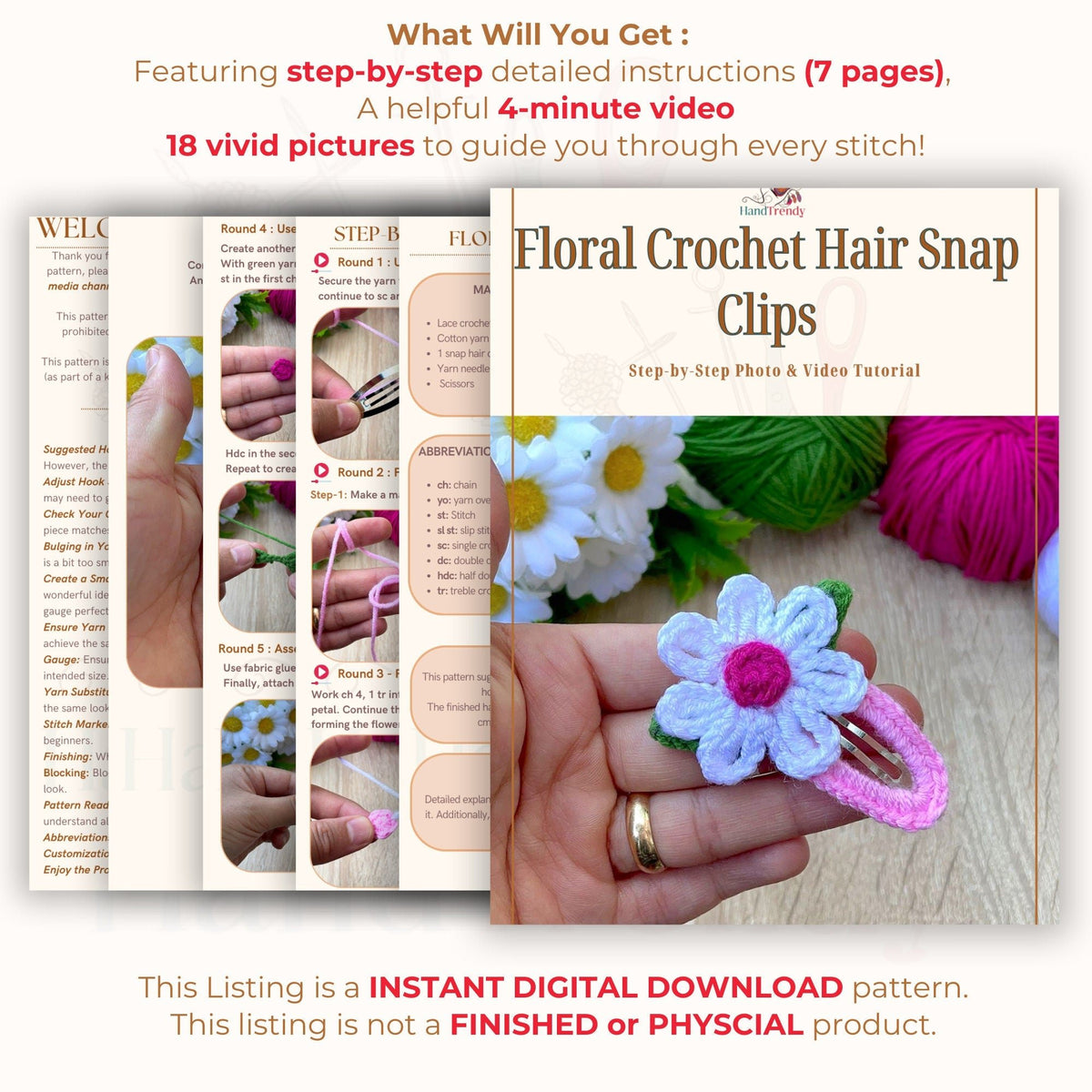 Floral Crochet Hair Clips Pattern PDF - Baby Hair Barrettes Pattern - Hand Trendy