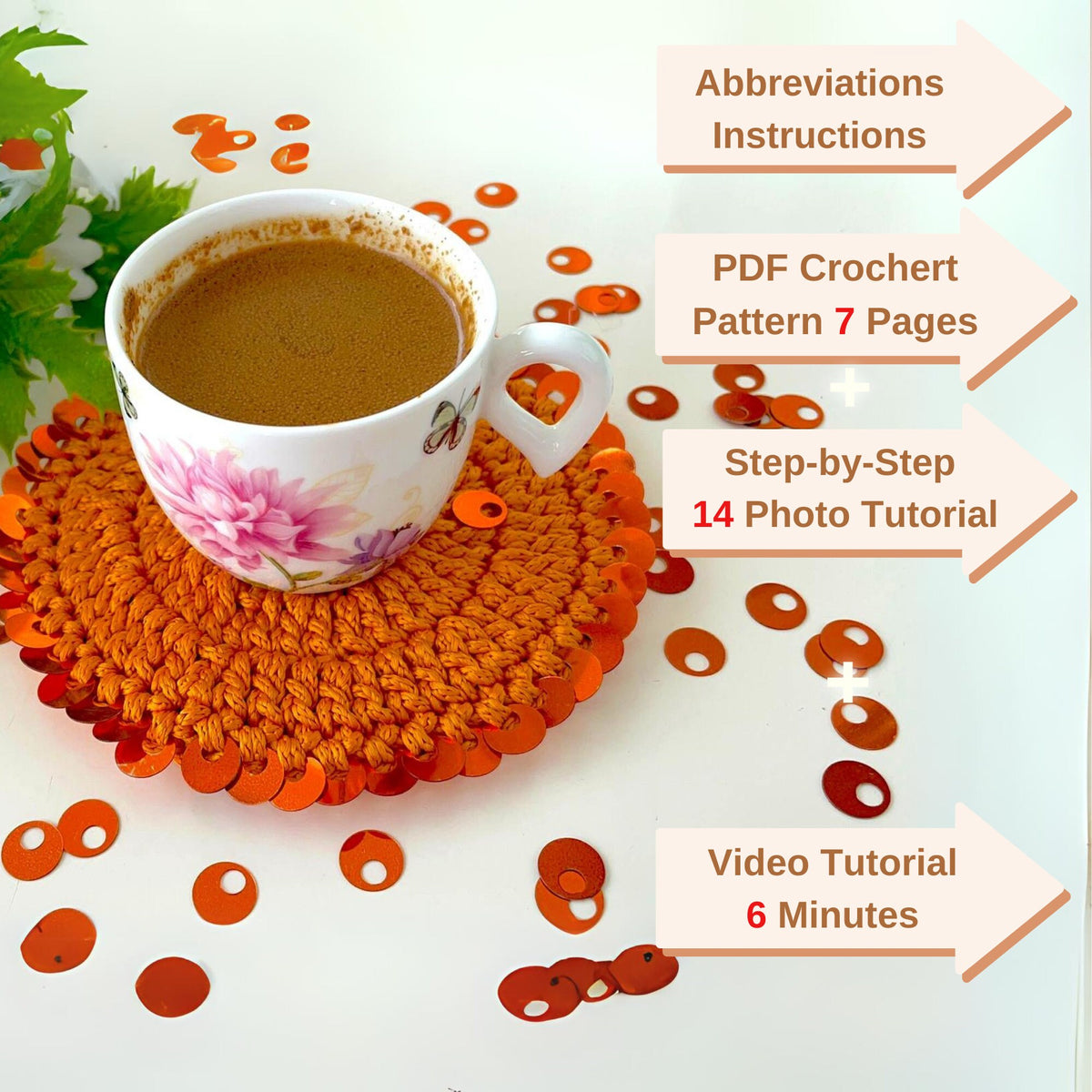 Glam Sequin Coaster Crochet Pattern - Glitter Coffee Coaster Guide - Hand Trendy