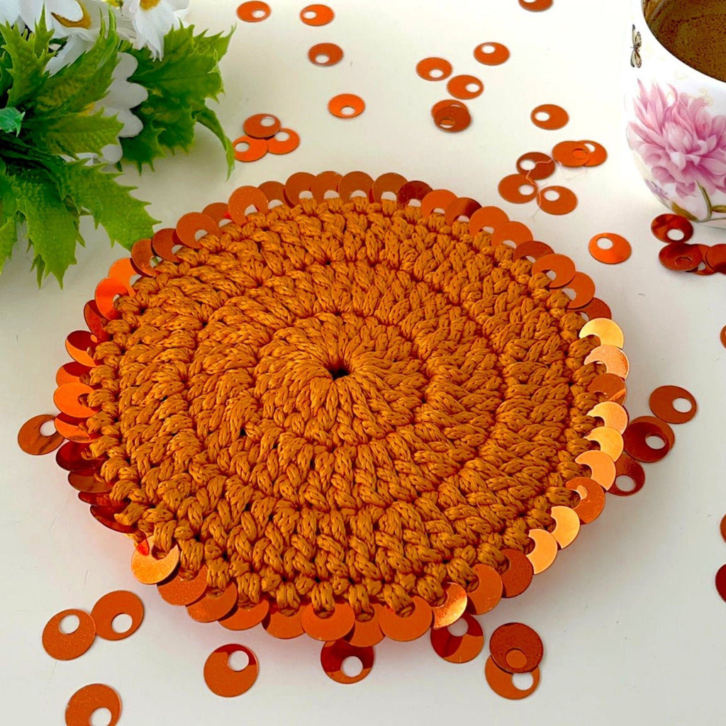 Glam Sequin Coaster Crochet Pattern - Glitter Coffee Coaster Guide - Hand Trendy