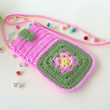 Granny Square Flower Crochet Phone Bag PDF Pattern – Cute Pink Green Crossbody Pouch Tutorial – DIY Floral Mobile Purse Pattern