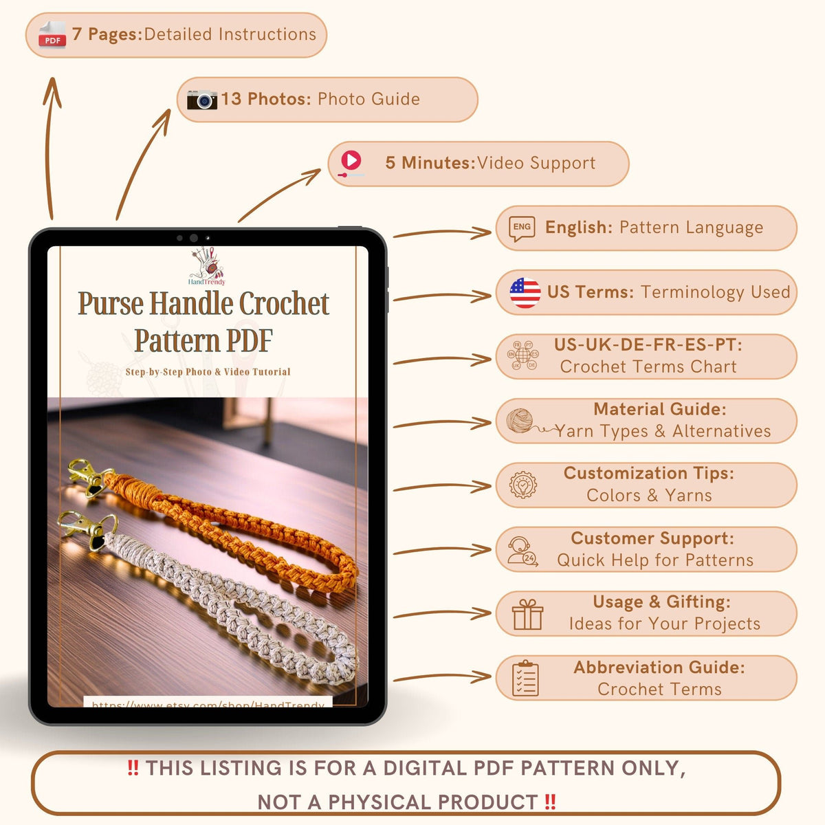 Beginner Crochet Purse Handle Pattern PDF - Crochet Cord Bag Strap Pattern - Hand Trendy