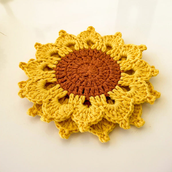 Cute Sunflower Crochet Coasters - Handmade Doily Coaster Set for Coffee and Tea - Fall Themed Sunflower Crochet Coaster Gift