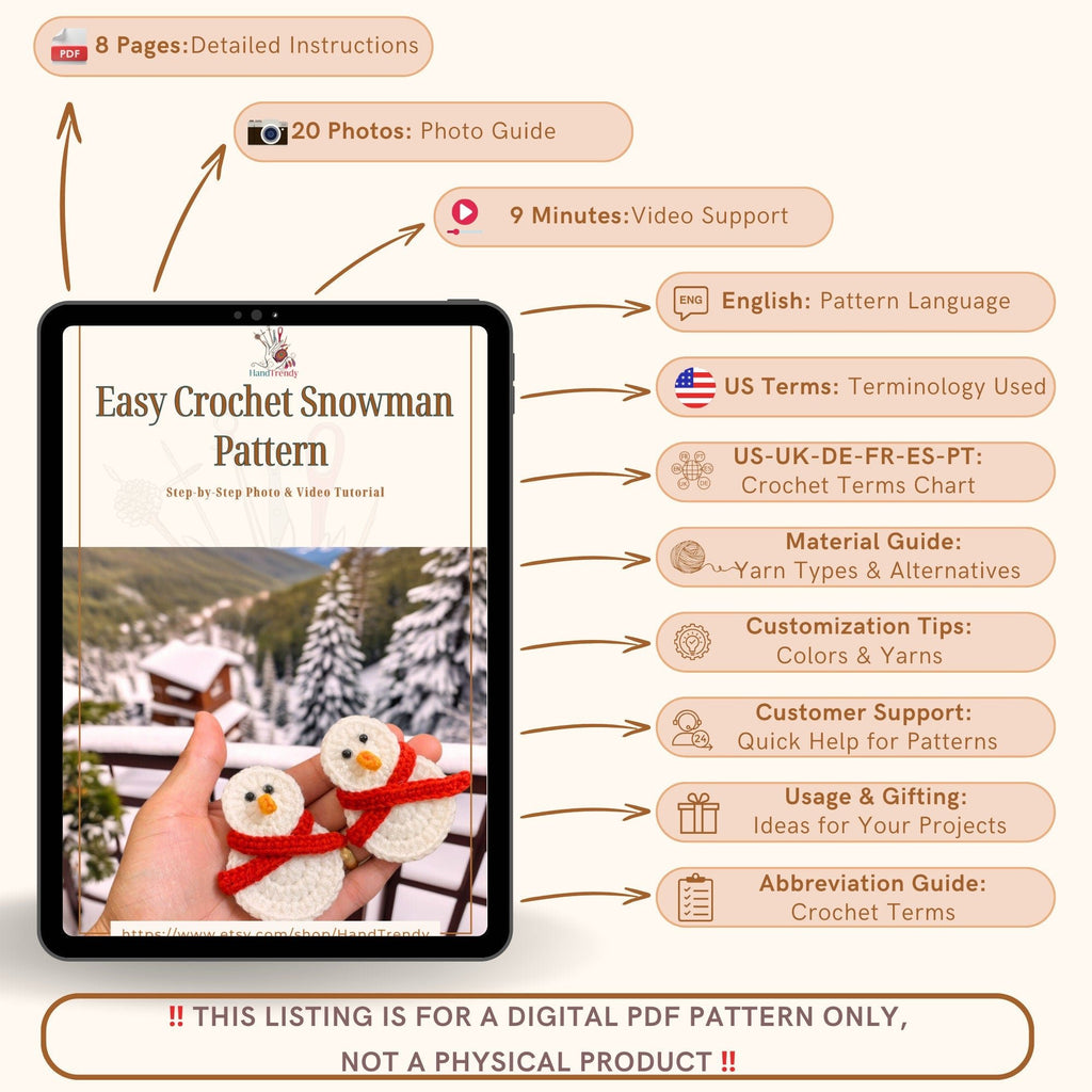 Easy Crochet Snowman Pattern - PDF Only - Little Snowman with Scarf - Hand Trendy