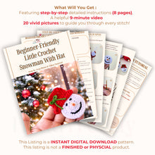 Handmade crochet snowman ornaments with red hats, cute Christmas decor, winter holiday decorations, DIY snowman amigurumi pattern.