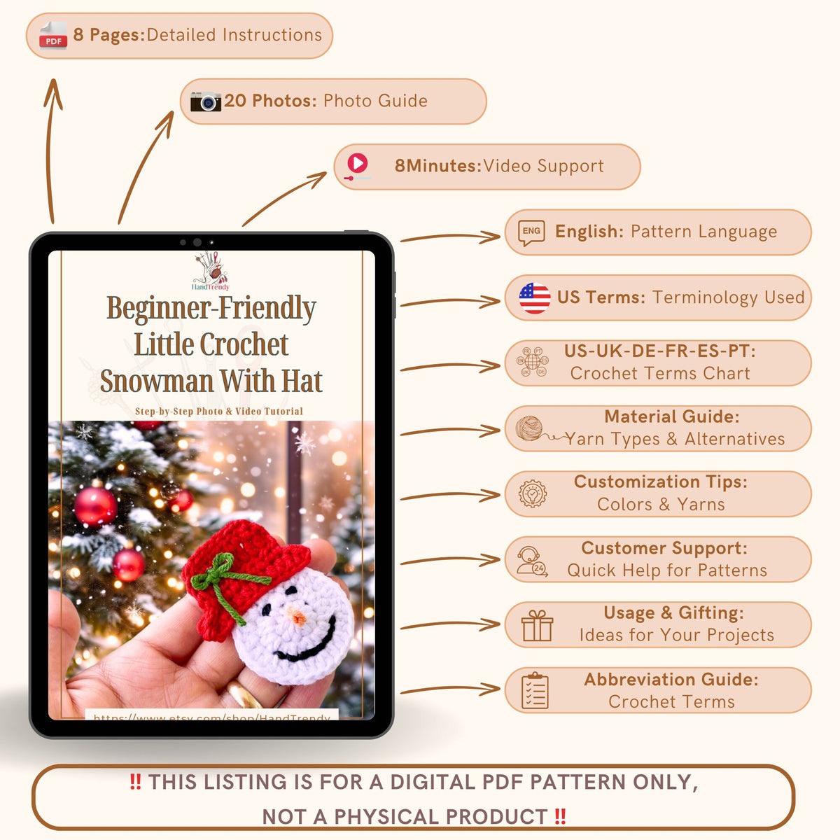 Beginner Crochet Snowman Pattern PDF - Holiday Crochet Applique Pattern - Hand Trendy