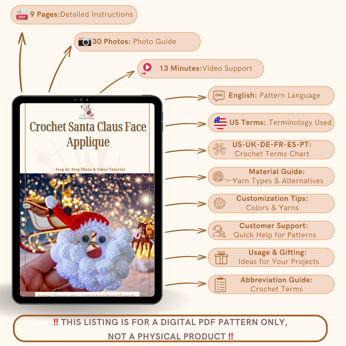 Crochet Santa Face - Xmas Decor Pattern - Friendly Crochet Santa Claus Pattern - Hand Trendy