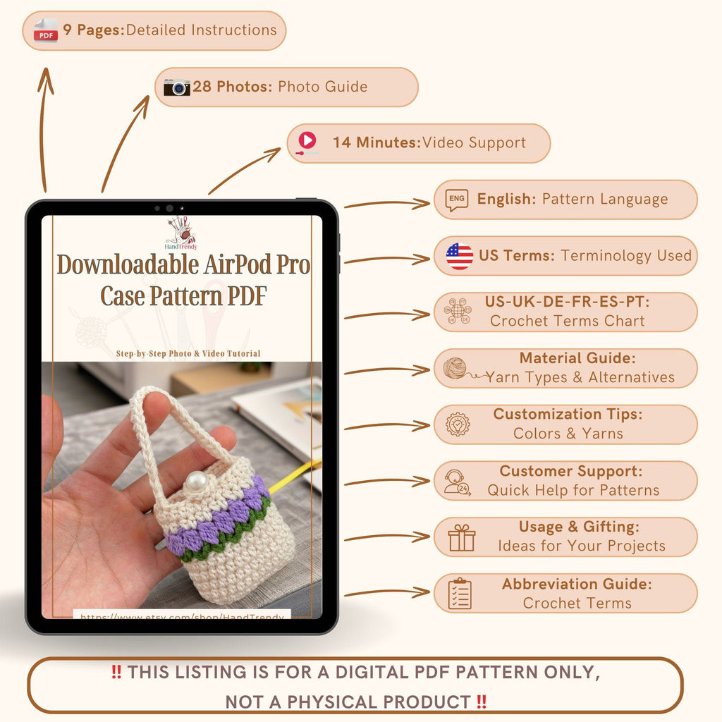 AirPod Pro Case Pattern PDF - Beginner Friendly - PDF Tutorial for Custom Earphone Case - Hand Trendy