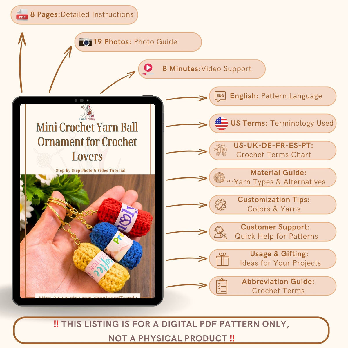 Crochet Keychain Tutorial - PDF Guide - Mini Crochet Yarn Ball Ornament for Crochet Lovers - Hand Trendy