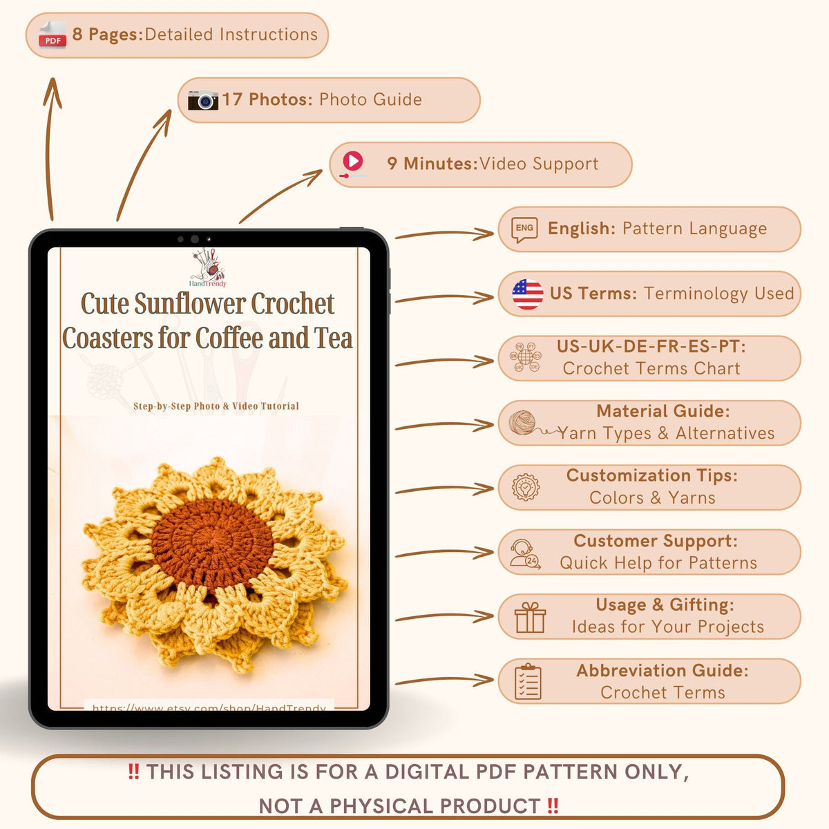 Sunflower Crochet Coasters PDF Pattern - Handmade Doily Coaster Set for Coffee and Tea - Hand Trendy