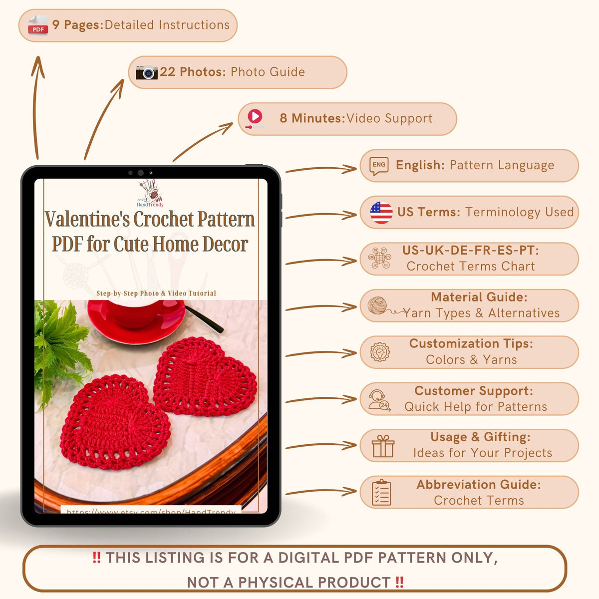 Valentine's Crochet Heart Coaster Pattern PDF - Instant Download Crochet Gift Pattern - Hand Trendy