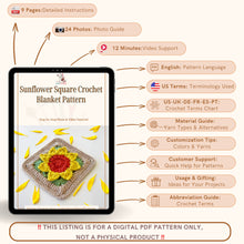 Crochet sunflower granny square pattern perfect for handmade home decor, blankets, and unique crochet projects. Instant PDF download available.