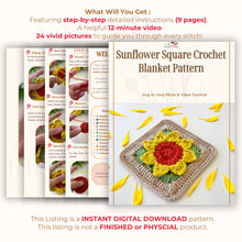Crochet sunflower granny square pattern perfect for handmade home decor, blankets, and unique crochet projects. Instant PDF download available.