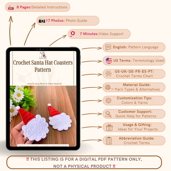 Crochet Santa Hat Coasters Pattern, Decorative Crochet Xmas Coasters for Holiday Home Decor, Ideal for Coffee Lovers