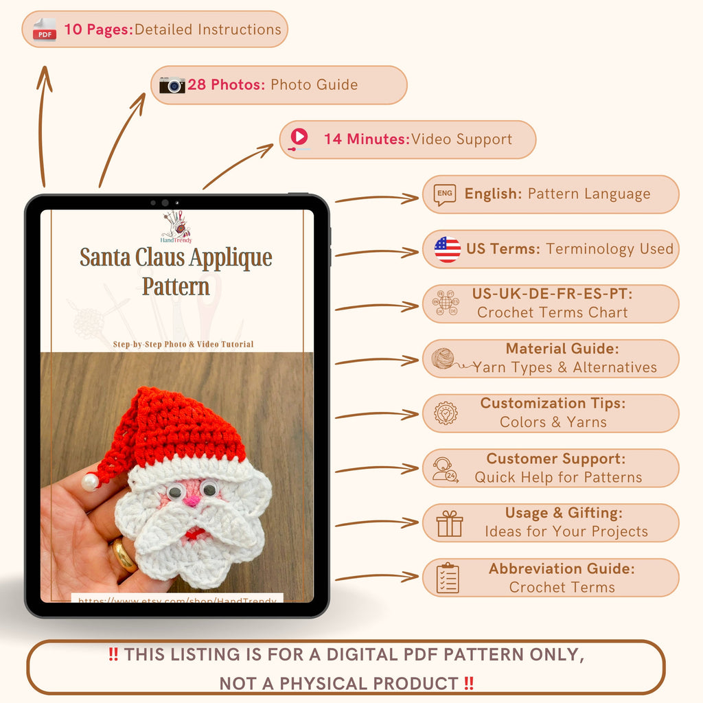 Santa Claus Applique Crochet Pattern PDF - Easy Holidays Gift Idea - Hand Trendy