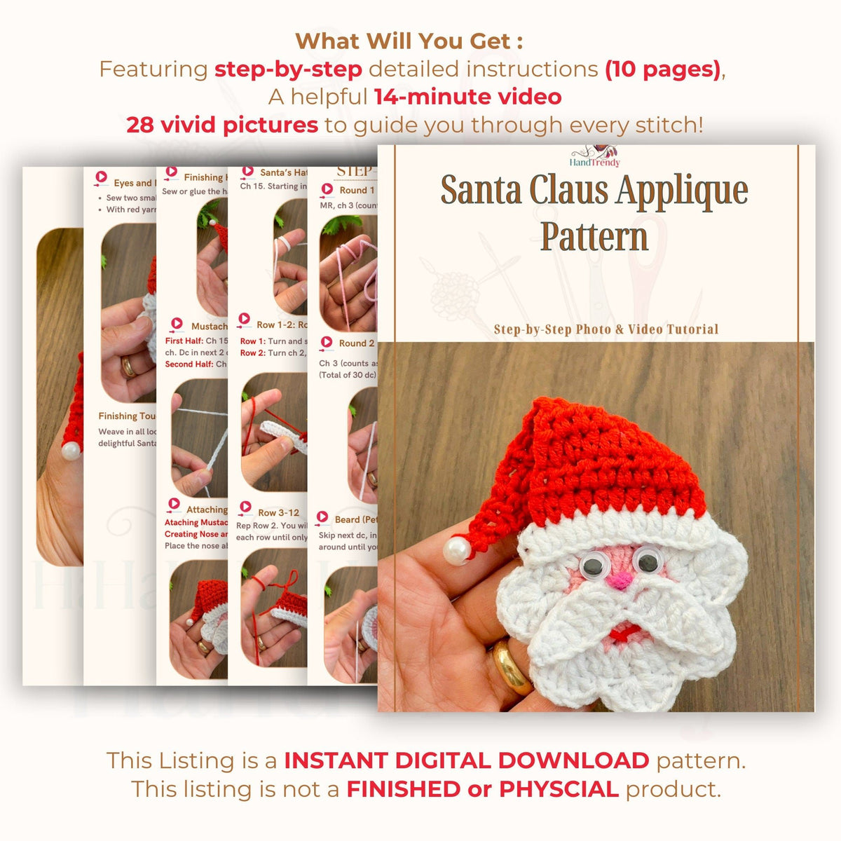 Santa Claus Applique Crochet Pattern PDF - Easy Holidays Gift Idea - Hand Trendy
