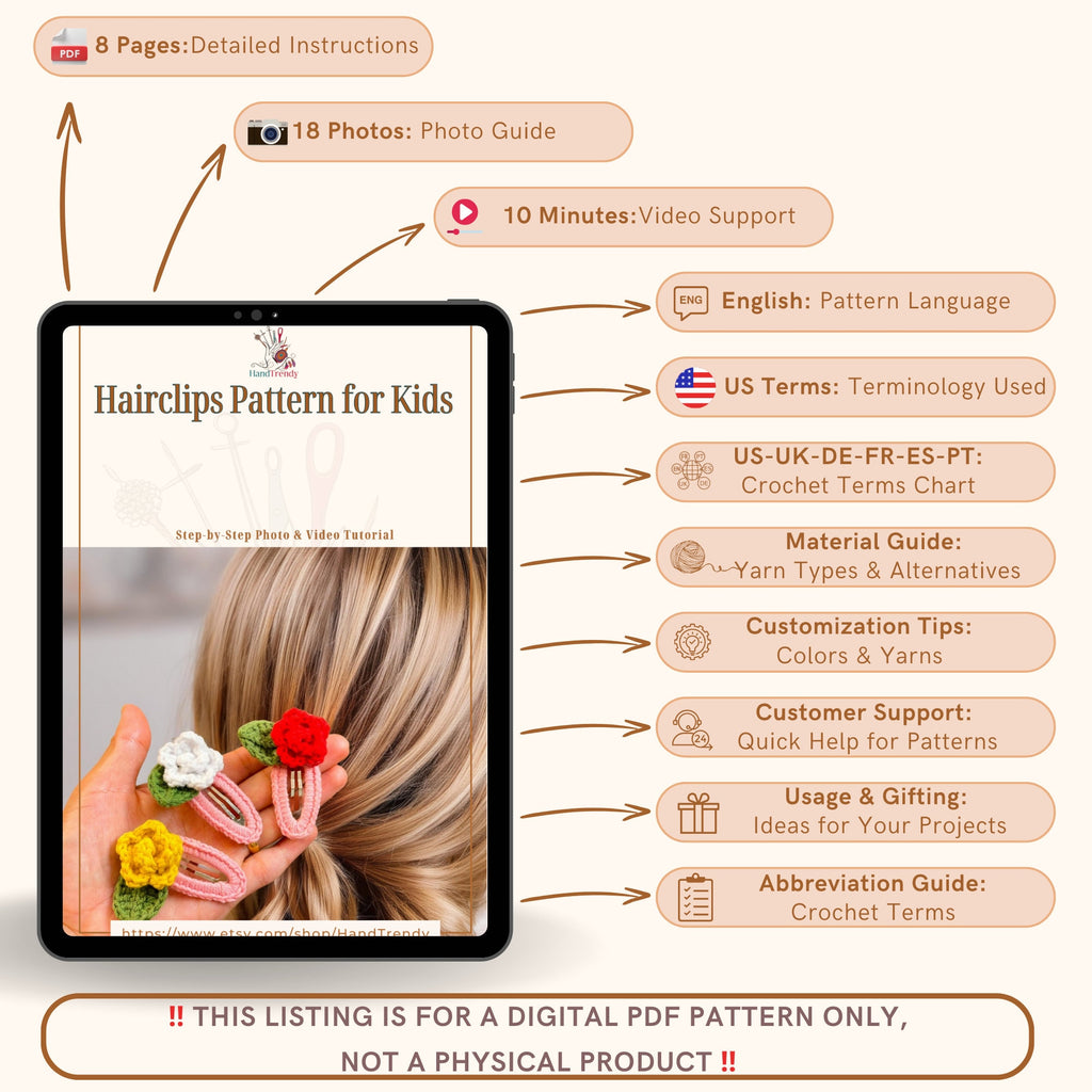 Crochet Hairclips Pattern for Kids - PDF Only - Toddler Hair Clip Crochet Pattern - Hand Trendy