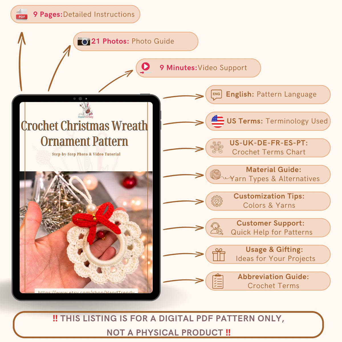 Easy Crochet Wreath Ornament Pattern PDF - Easy Crochet Holiday Decor PDF - Hand Trendy