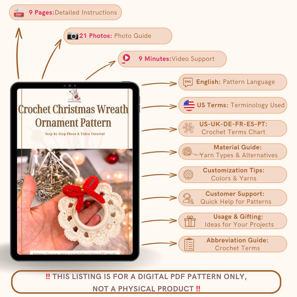 Handmade crochet Christmas wreath ornament pattern, beginner-friendly DIY holiday decor, red and white wreath crochet PDF tutorial