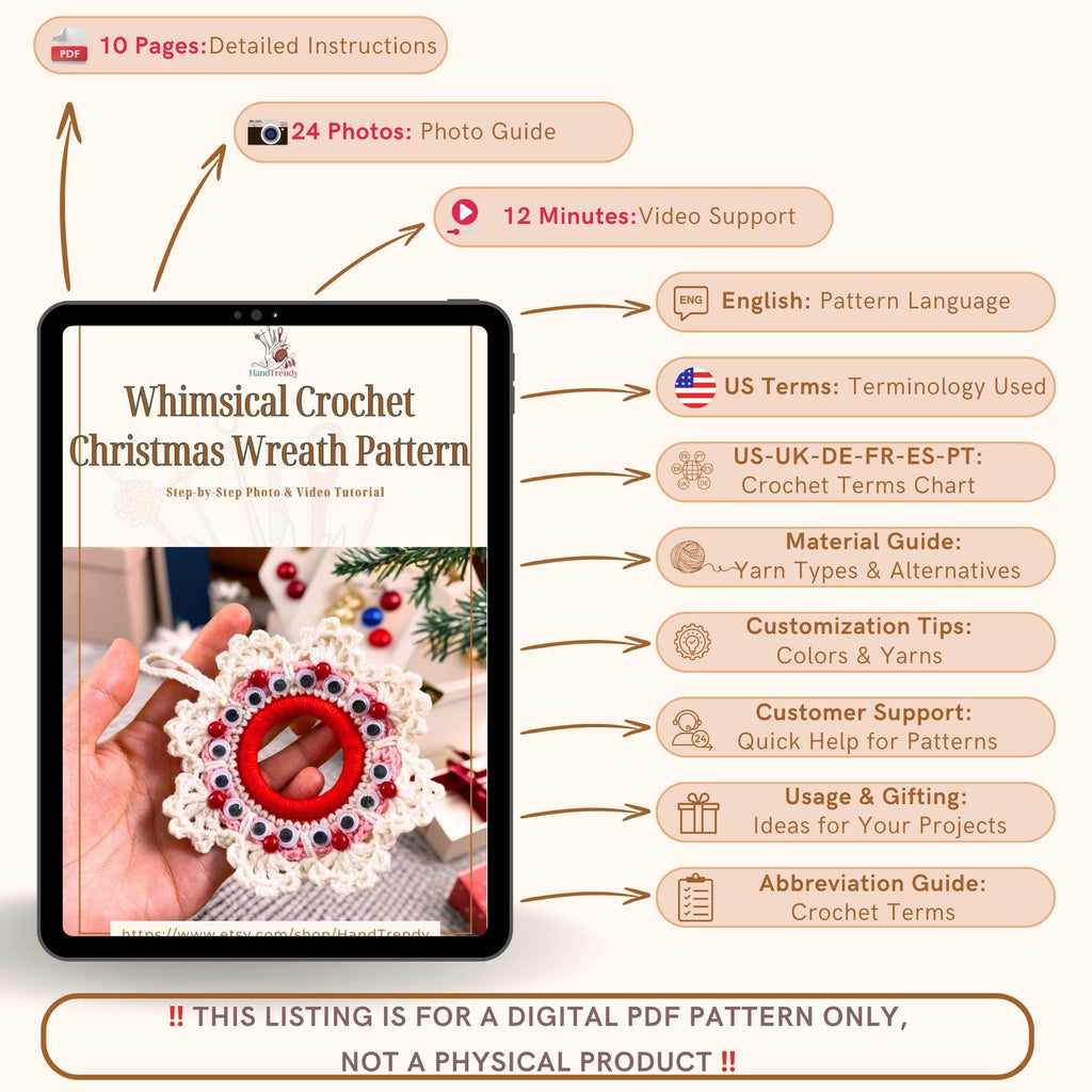 Whimsical Crochet Christmas Wreath Pattern - Easy DIY Ornament for Christmas Gift - Hand Trendy