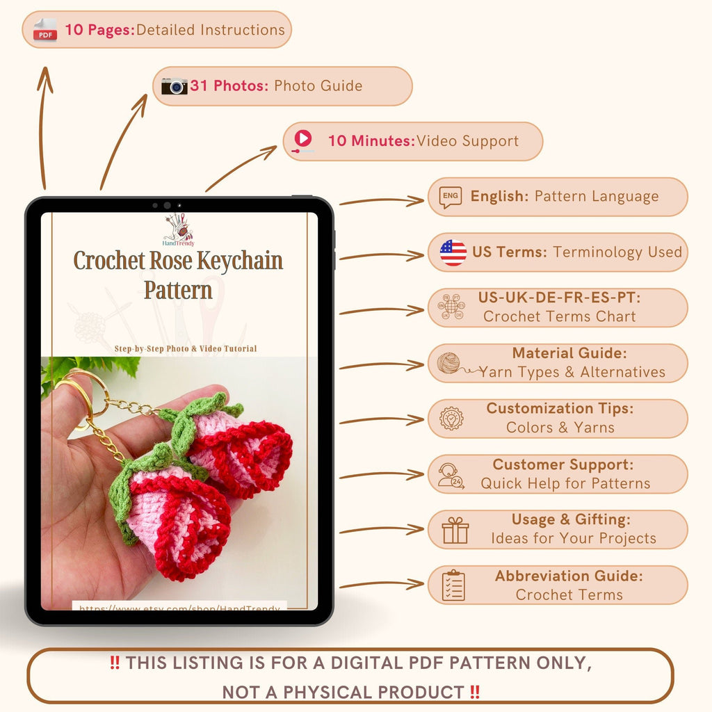 Crochet Rose Keychain Pattern - Simple 3D Tutorial - Hand Trendy
