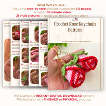Two crochet rose keychains with pink and red petals and green leaves, handmade with yarn, attached to gold key rings. The roses have intricate detailing and a realistic flower shape, ideal as decorative accessories or gifts.