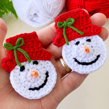 Handmade crochet snowman ornaments with red hats, cute Christmas decor, winter holiday decorations, DIY snowman amigurumi pattern.