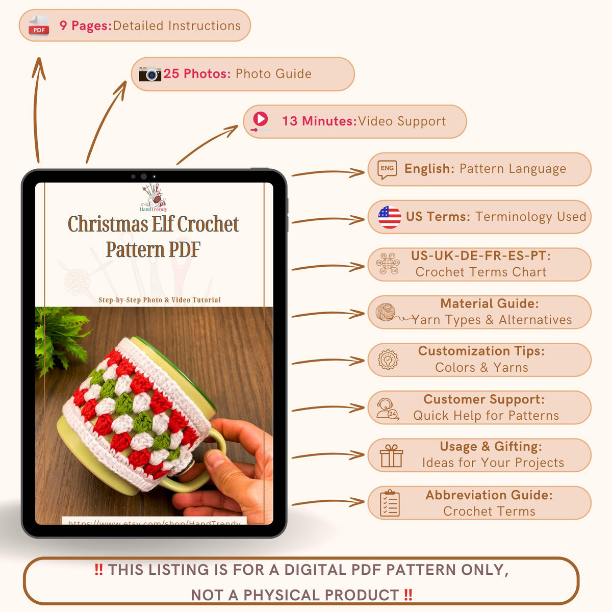Christmas Crochet Mug Cozy Pattern PDF - Crochet Cup Sleeve Tutorial - Hand Trendy