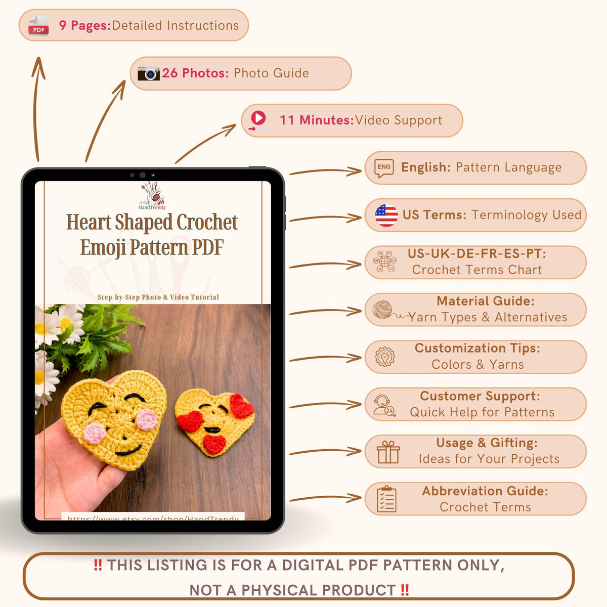 Emoji Crochet Heart Pattern - PDF Tutorial - Perfect DIY Gift Idea for Crocheting Enthusiasts - Hand Trendy