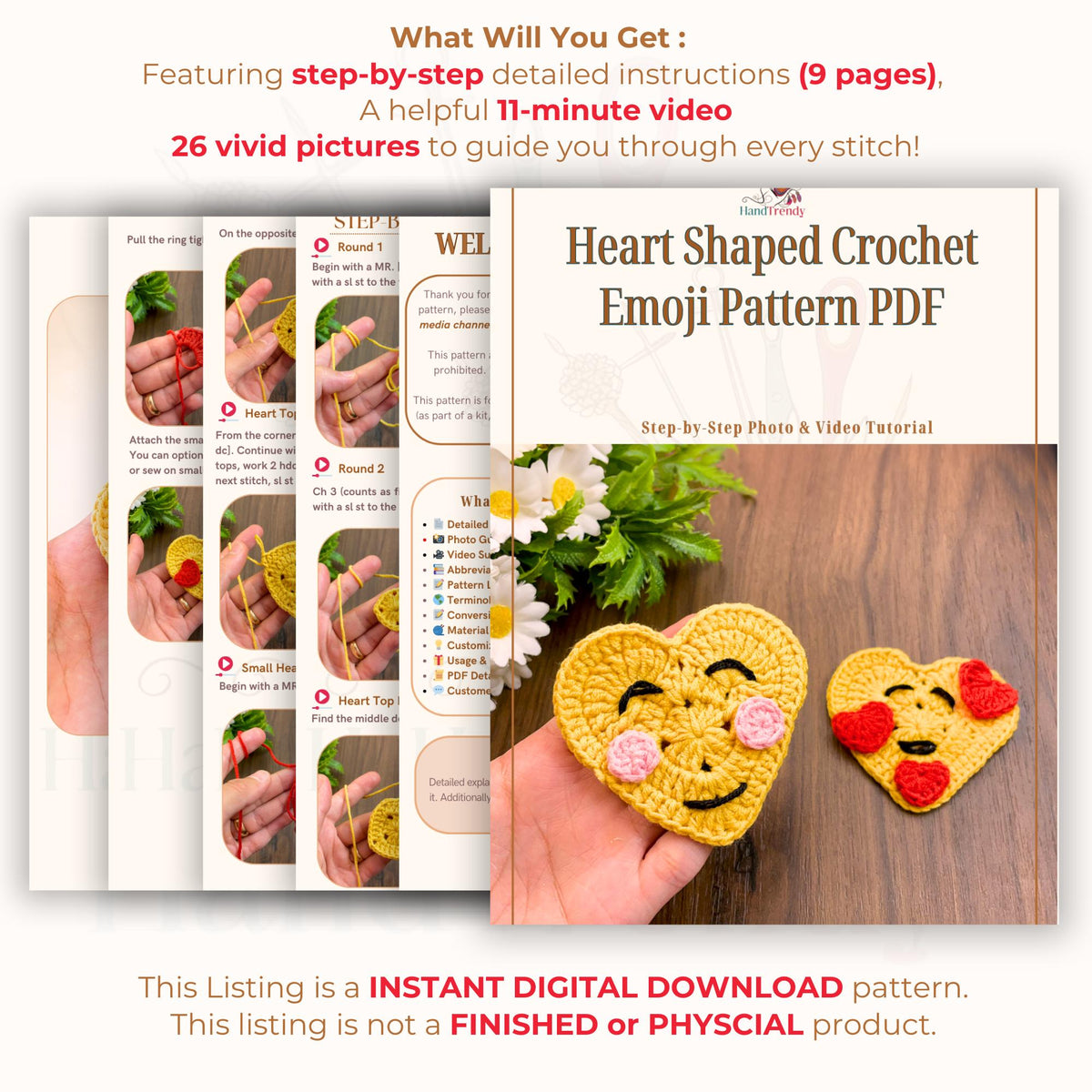 Emoji Crochet Heart Pattern - PDF Tutorial - Perfect DIY Gift Idea for Crocheting Enthusiasts - Hand Trendy