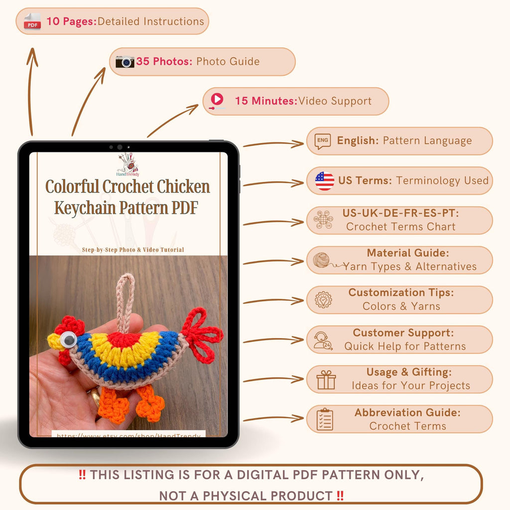 Crochet Chicken Keychain Pattern PDF | DIY Amigurumi | Colorful Crochet Chicken Keychain Pattern PDF - Hand Trendy