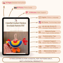 Colorful crochet chicken keychain pattern perfect for handmade gifts, home decor, or unique bag accessories. Instant PDF download available