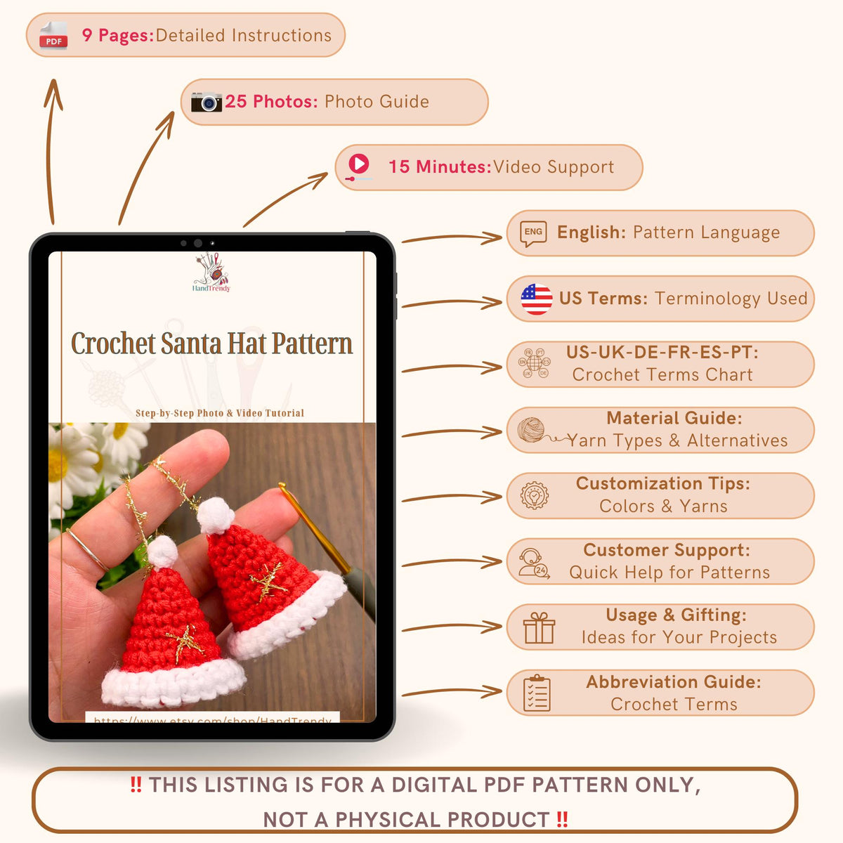 Adorable Crochet Santa Hat Pattern PDF - Instant Download for Christmas Crochet PDF pattern - Hand Trendy
