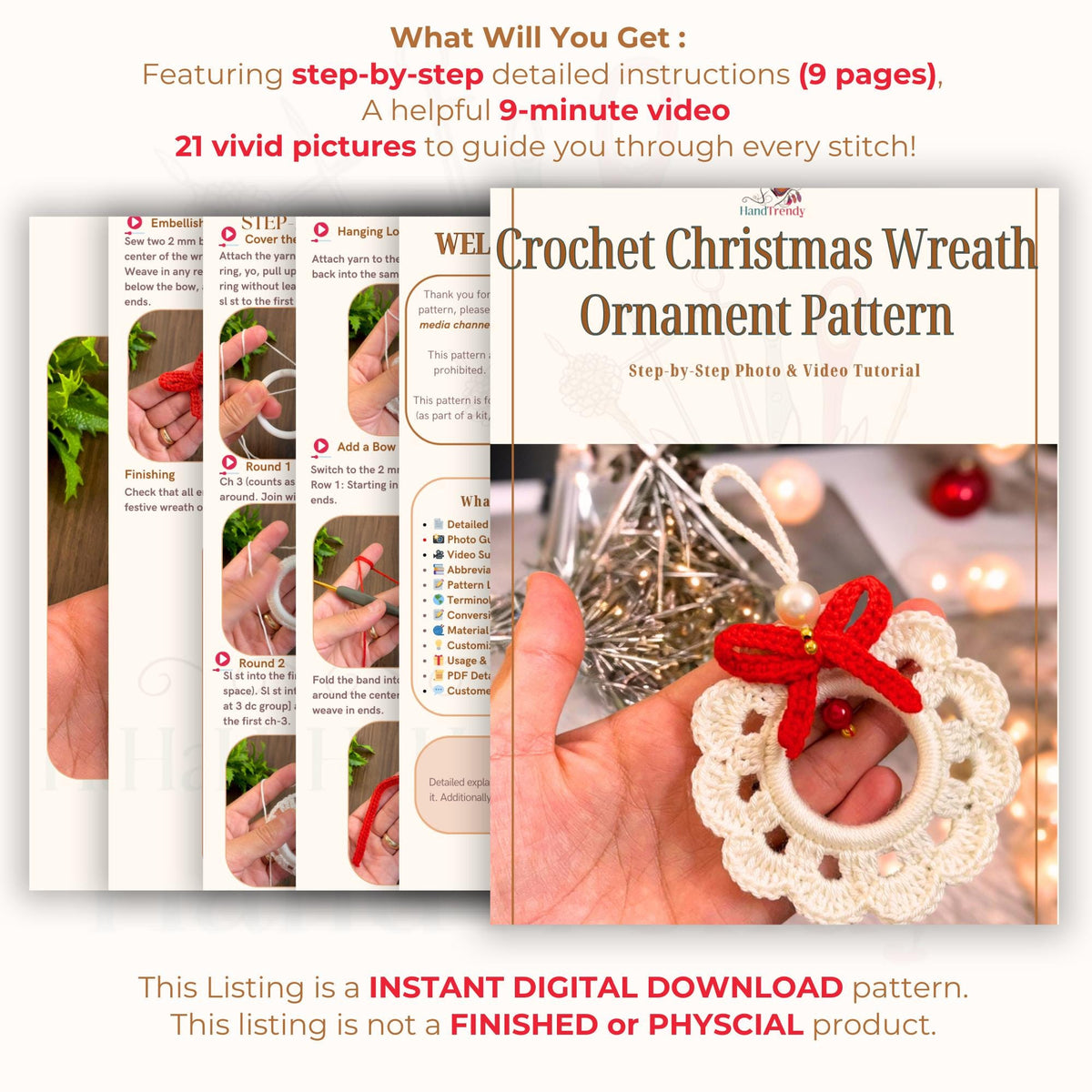 Easy Crochet Wreath Ornament Pattern PDF - Easy Crochet Holiday Decor PDF - Hand Trendy