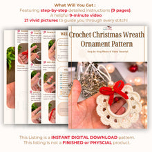 Handmade crochet Christmas wreath ornament pattern, beginner-friendly DIY holiday decor, red and white wreath crochet PDF tutorial