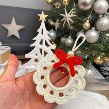 Handmade crochet Christmas wreath ornament pattern, beginner-friendly DIY holiday decor, red and white wreath crochet PDF tutorial