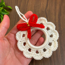 Handmade crochet Christmas wreath ornament pattern, beginner-friendly DIY holiday decor, red and white wreath crochet PDF tutorial