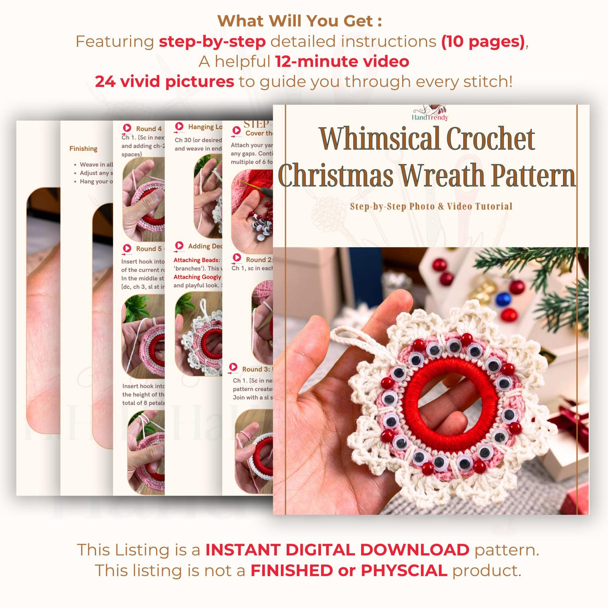 Whimsical Crochet Christmas Wreath Pattern - Easy DIY Ornament for Christmas Gift - Hand Trendy