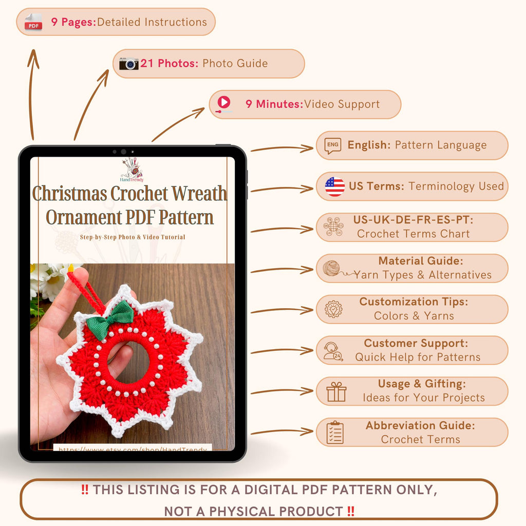 Christmas Crochet Wreath Pattern PDF - Easy DIY Holiday Decoration - Hand Trendy