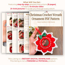 Handmade red and white crochet Christmas ornament, pearl-accented wreath decoration for wall or tree