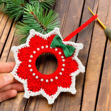 Handmade red and white crochet Christmas ornament, pearl-accented wreath decoration for wall or tree