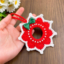 Handmade red and white crochet Christmas ornament, pearl-accented wreath decoration for wall or tree