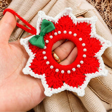 Handmade red and white crochet Christmas ornament, pearl-accented wreath decoration for wall or tree