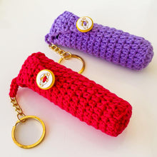Handmade crochet lip balm and lipstick holder keychain in colorful yarn, PDF pattern for DIY crochet case