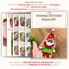 Handmade crochet Christmas elf ornament in red and green with festive hat and detailed face, perfect for holiday decor and DIY Christmas crafts.