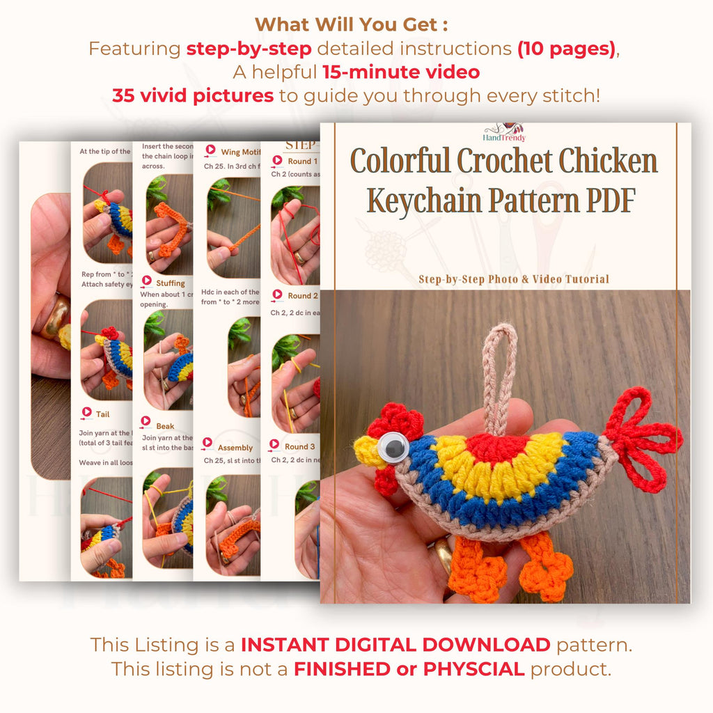Crochet Chicken Keychain Pattern PDF | DIY Amigurumi | Colorful Crochet Chicken Keychain Pattern PDF - Hand Trendy