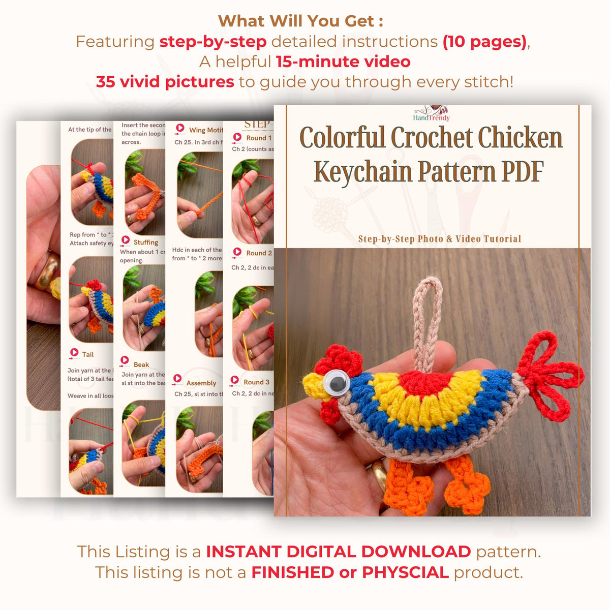 Crochet Chicken Keychain Pattern PDF | DIY Amigurumi | Colorful Crochet Chicken Keychain Pattern PDF - Hand Trendy