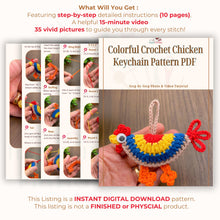 Colorful crochet chicken keychain pattern perfect for handmade gifts, home decor, or unique bag accessories. Instant PDF download available