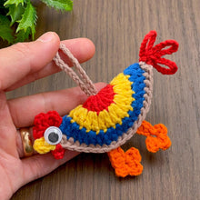 Colorful crochet chicken keychain pattern perfect for handmade gifts, home decor, or unique bag accessories. Instant PDF download available