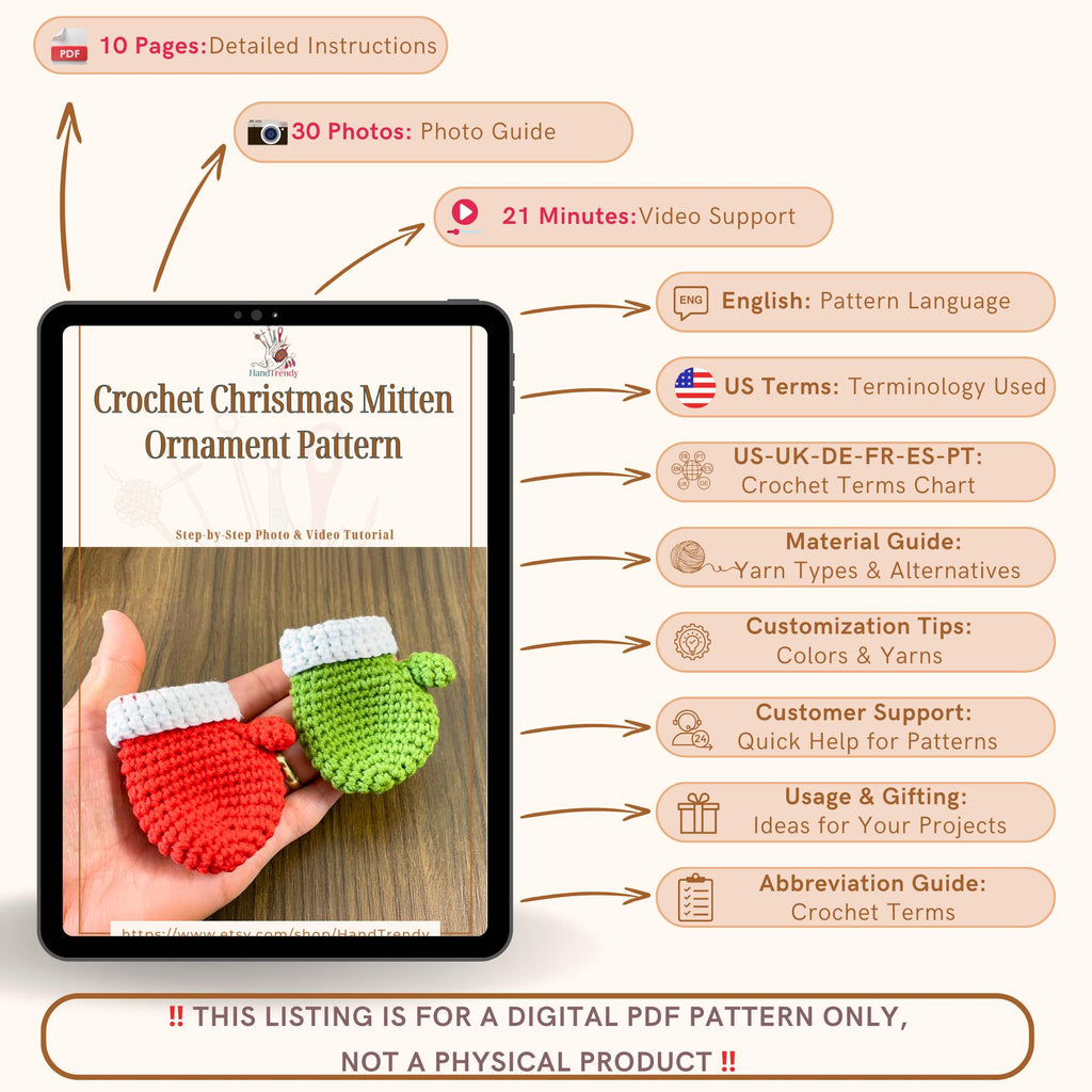 Crochet Christmas Mitten Ornament Pattern, DIY Holiday Amigurumi Decoration, Red Festive Crochet Gift Tutorial PDF - Hand Trendy